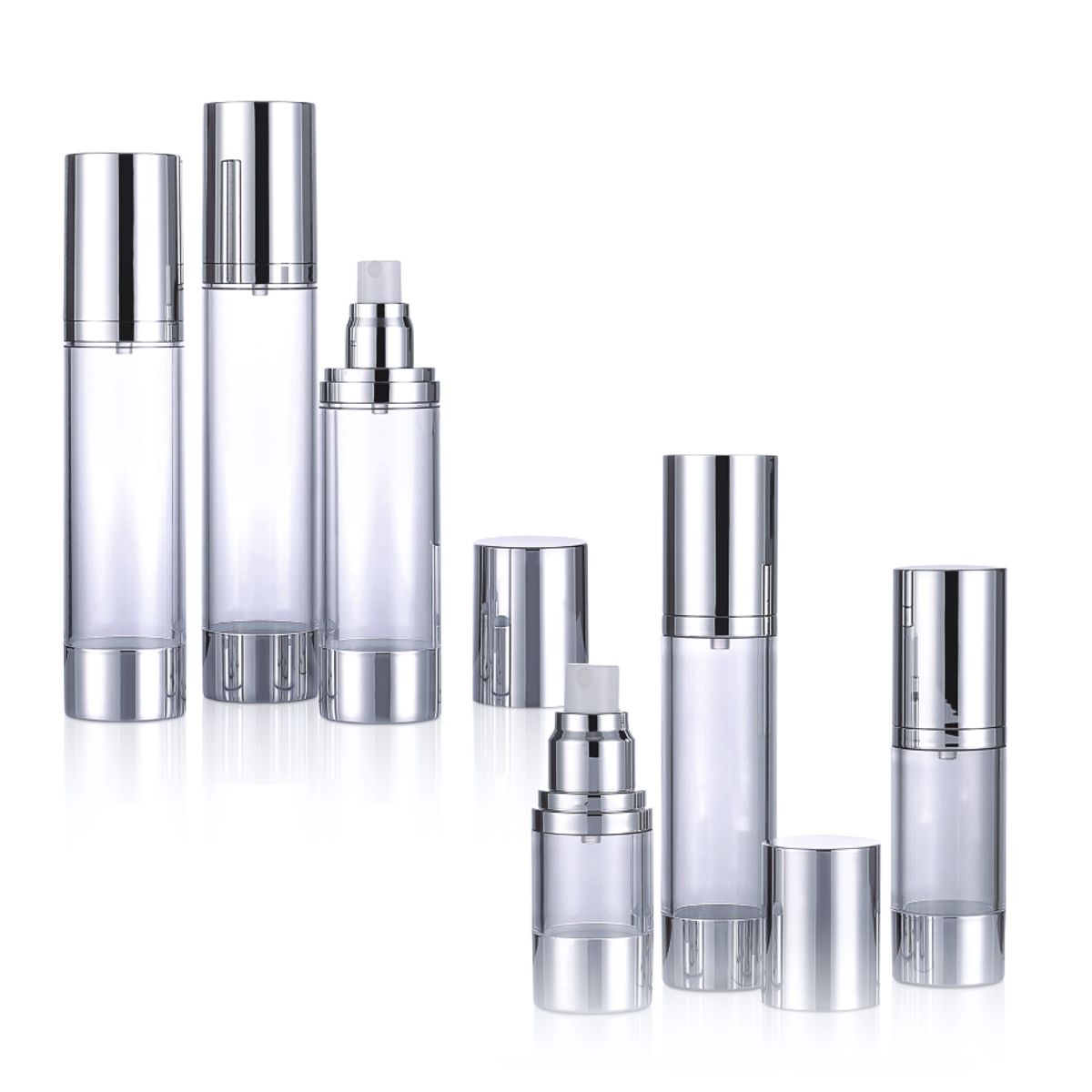15 ml 30 ml 50 ml 80 ml 100 ml 120 ml Luxusný priehľadný priehľadný kozmetický kozmetický krémový čerpadlo s kozmetickými vzduchovými pumpami s striebornou čiapkou L04